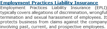 Employment Practices Liability Insurance
Employment Practices Liability Insurance (EPLI) typically covers allegations of discrimination, wrongful termination and sexual harassment of employees. It protects business from claims against the company involving past, current, and prospective employees.