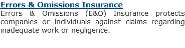 Errors & Omissions Insurance
Errors & Omissions (E&O) Insurance protects companies or individuals against claims regarding inadequate work or negligence. 