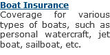 Boat Insurance
Coverage for various types of boats, such as personal watercraft, jet boat, sailboat, etc.